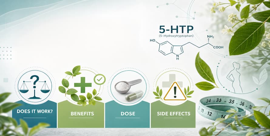 5-HTP for weight loss infographic showing four sections: Does It Work, Benefits, Dose, and Side Effects.