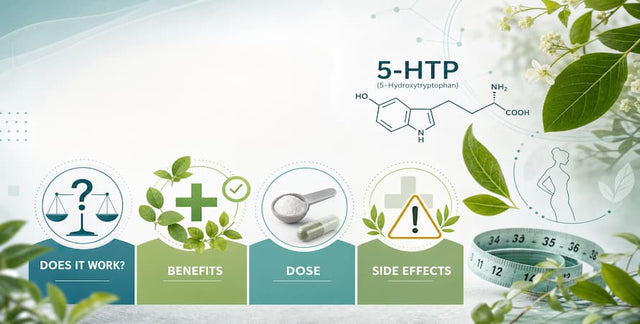 5-HTP for weight loss infographic showing four sections: Does It Work, Benefits, Dose, and Side Effects.