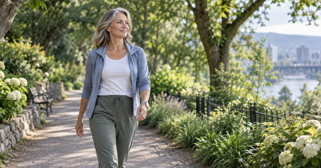 Mature woman walking outdoors in a park, representing an active, balanced lifestyle and well-being during menopause