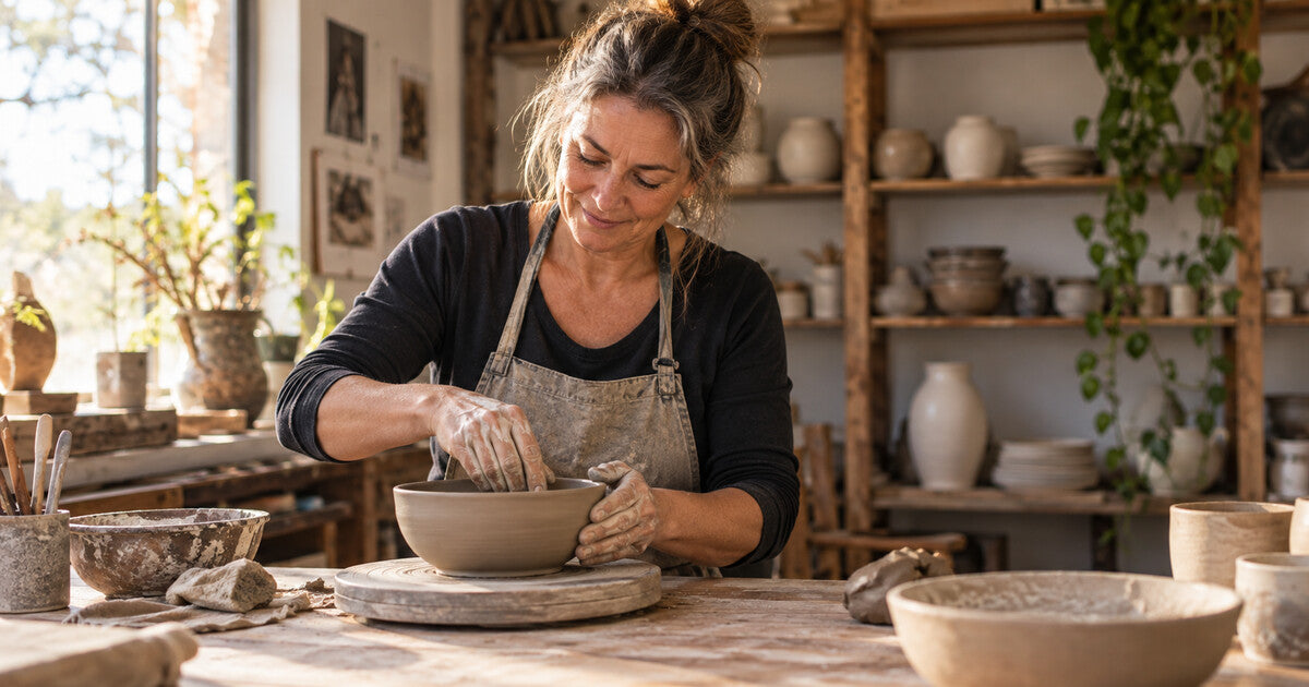 Mature woman making pottery in a ceramics studio, representing creativity, balance, and well-being during menopause.