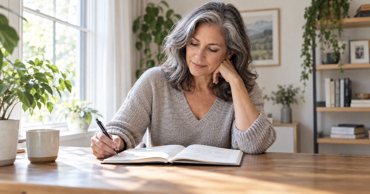 Mature woman reviewing notes at home, representing informed decision-making and wellness during menopause.