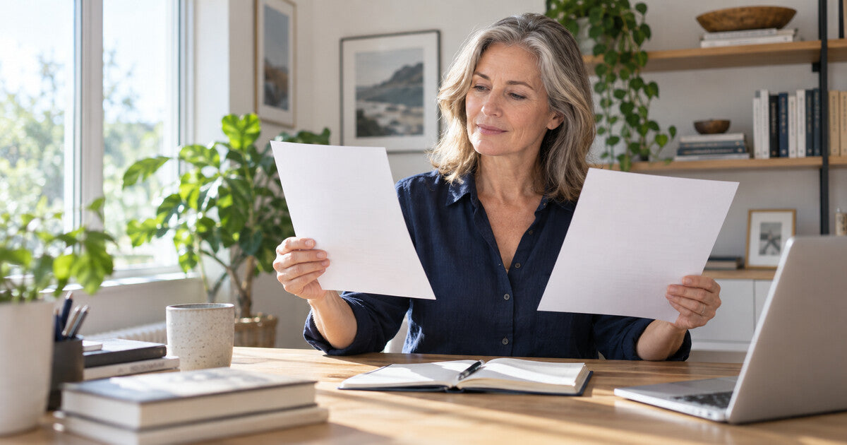 Mature woman comparing two documents at her desk, representing a side-by-side comparison of menopause supplement formulas and ingredients.