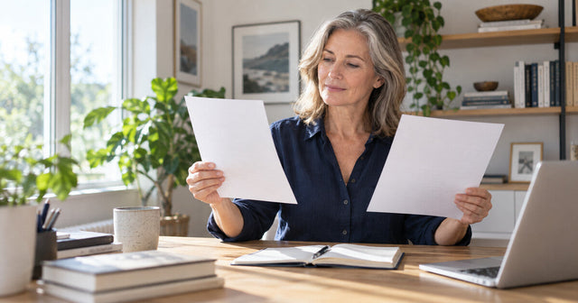 Mature woman comparing two documents at her desk, representing a side-by-side comparison of menopause supplement formulas and ingredients.