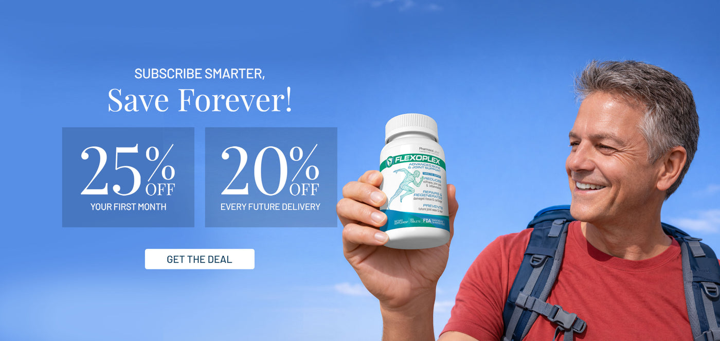 Man holding a supplement bottle with promotional text