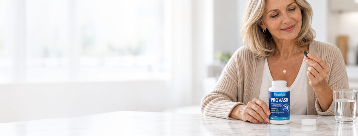 Woman taking a Provasil capsule at her kitchen table
